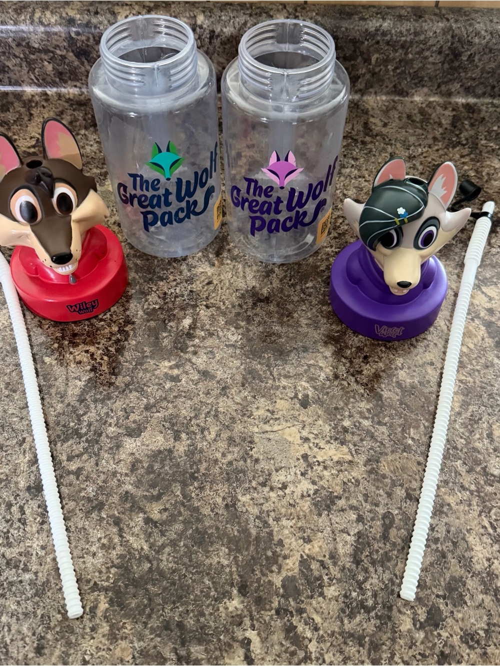The Great Wolf Pack Kids Bottles with Character Tops has stains one cup cracked
